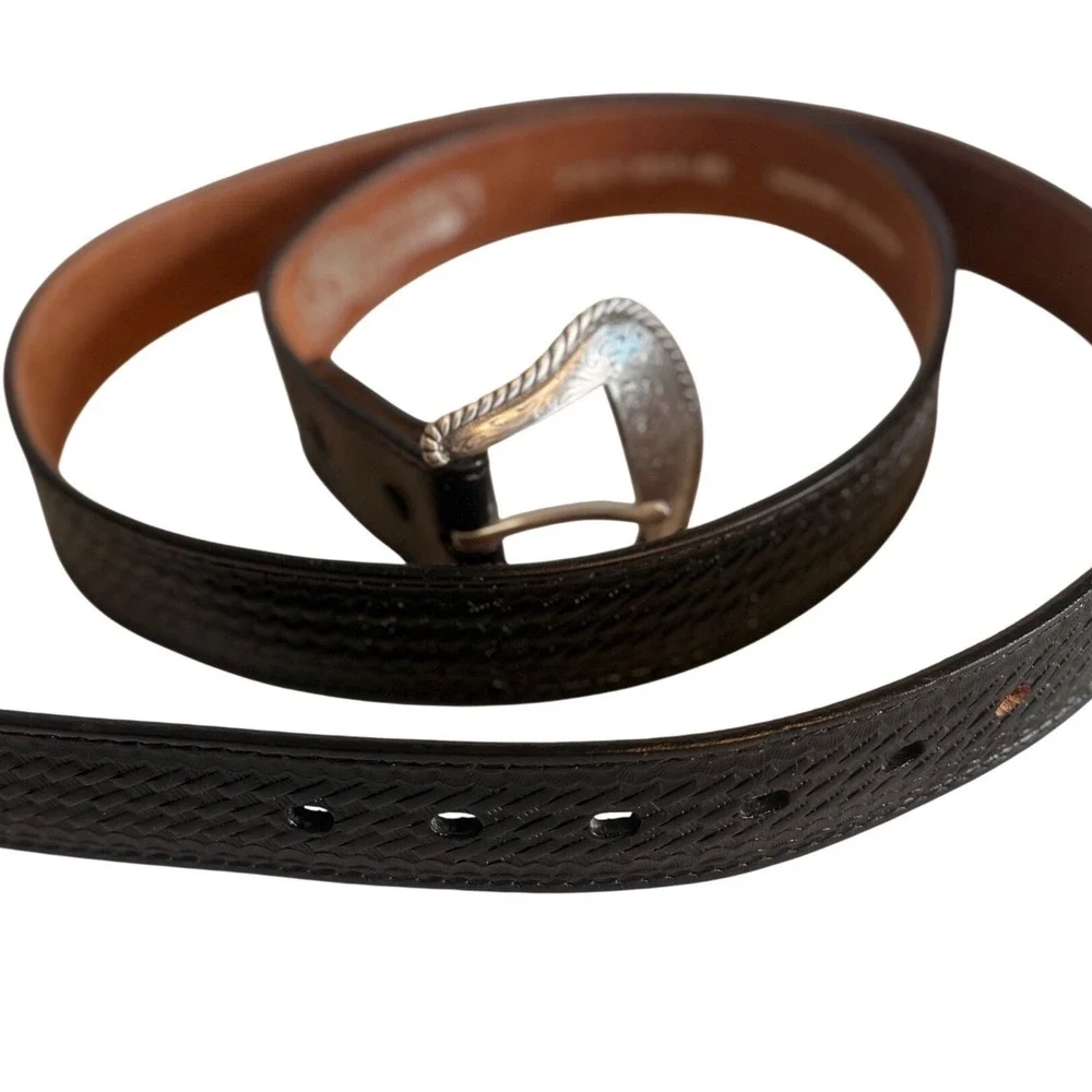 Nocona‎ Mens Black Leather Western Belt Ornate Silver Buckle Size 46